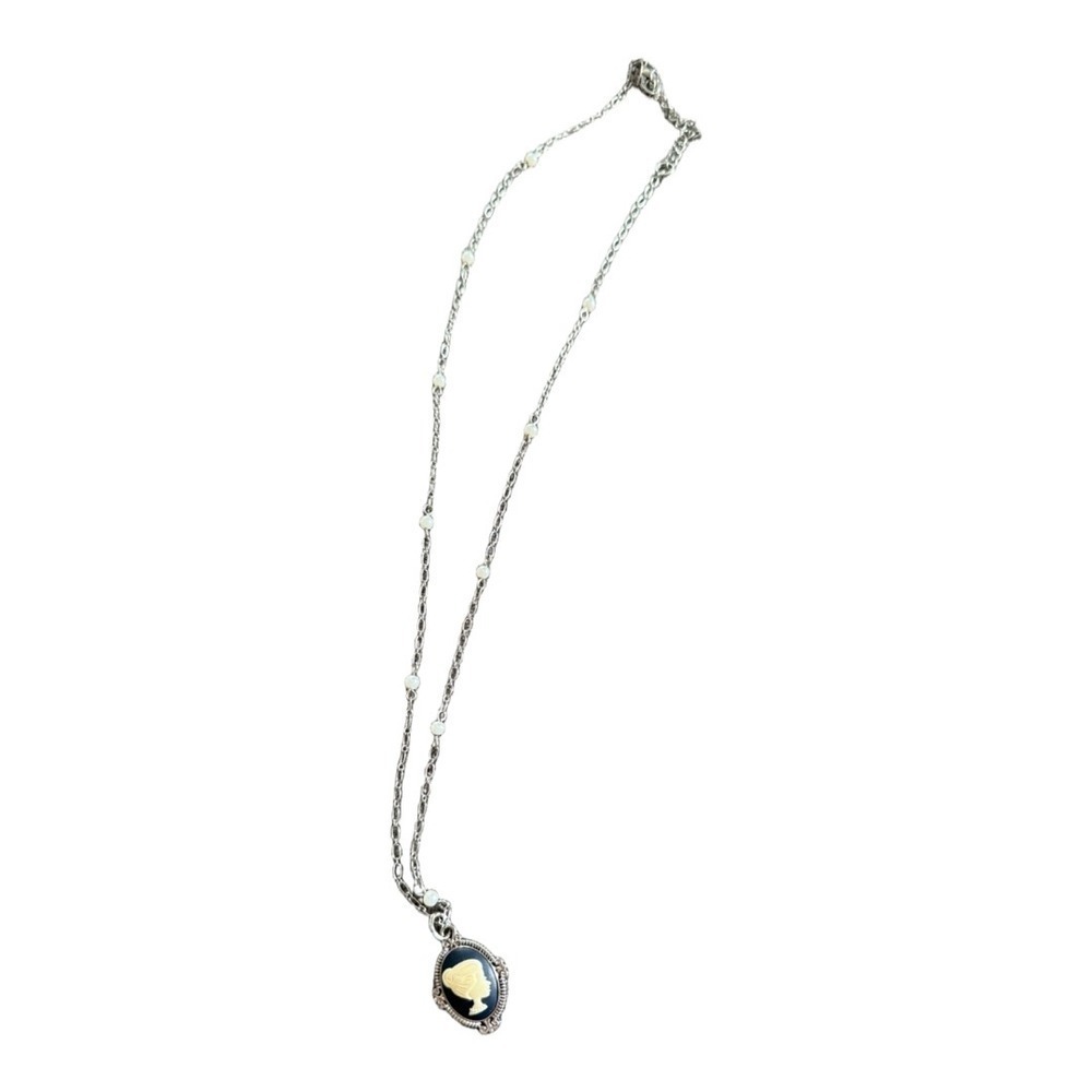Lia Sophia Cameo Blue Pendant Long Brad Necklace Silver White Bead